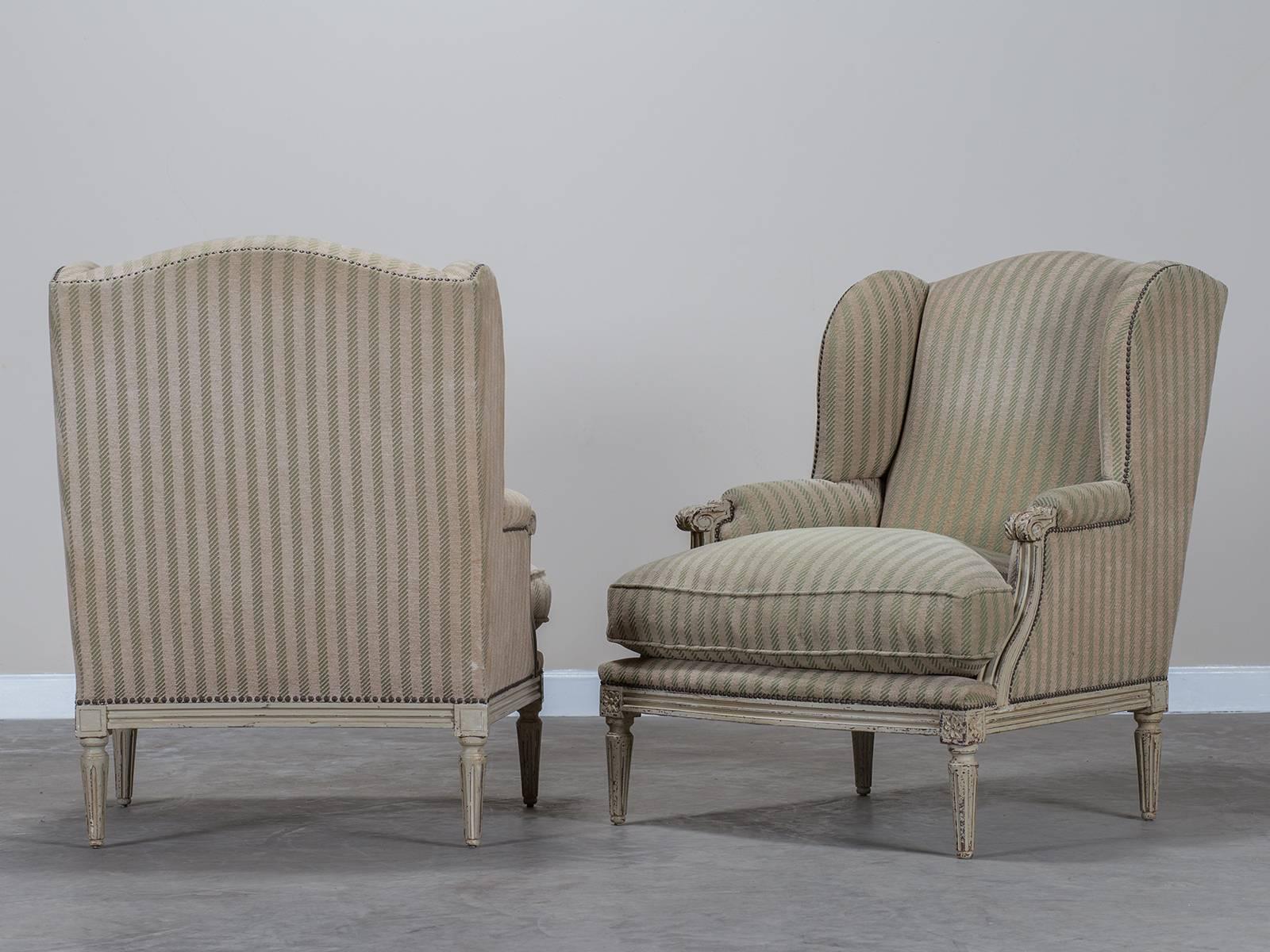 French Pair of Painted Louis XVI Style Bergeres, France, circa 1900