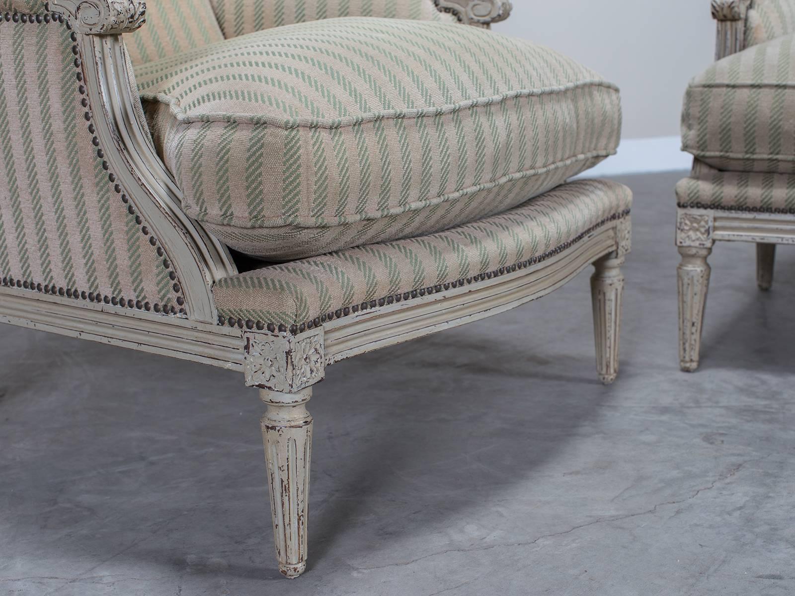 Chenille Pair of Painted Louis XVI Style Bergeres, France, circa 1900