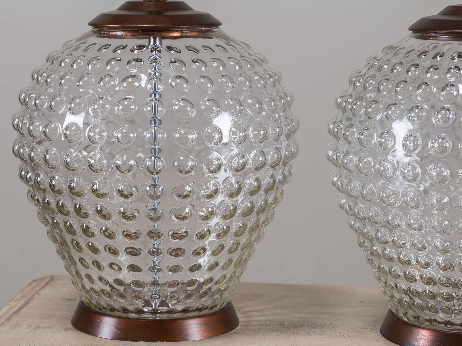 Pair Vintage French Hobnail Glass Vessels, circa 1920 Wired as Lamps  In Excellent Condition In Houston, TX