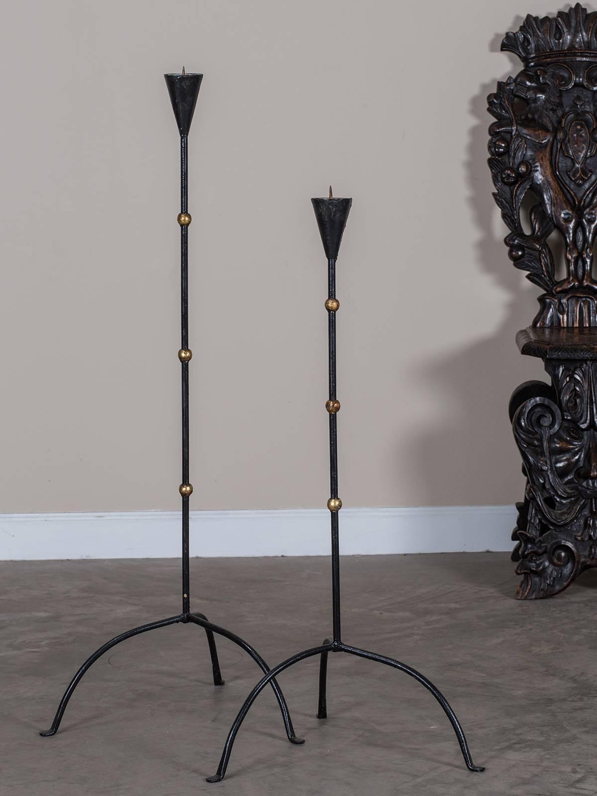 Art Deco Two Vintage French Forged Iron Candle Stands circa 1940