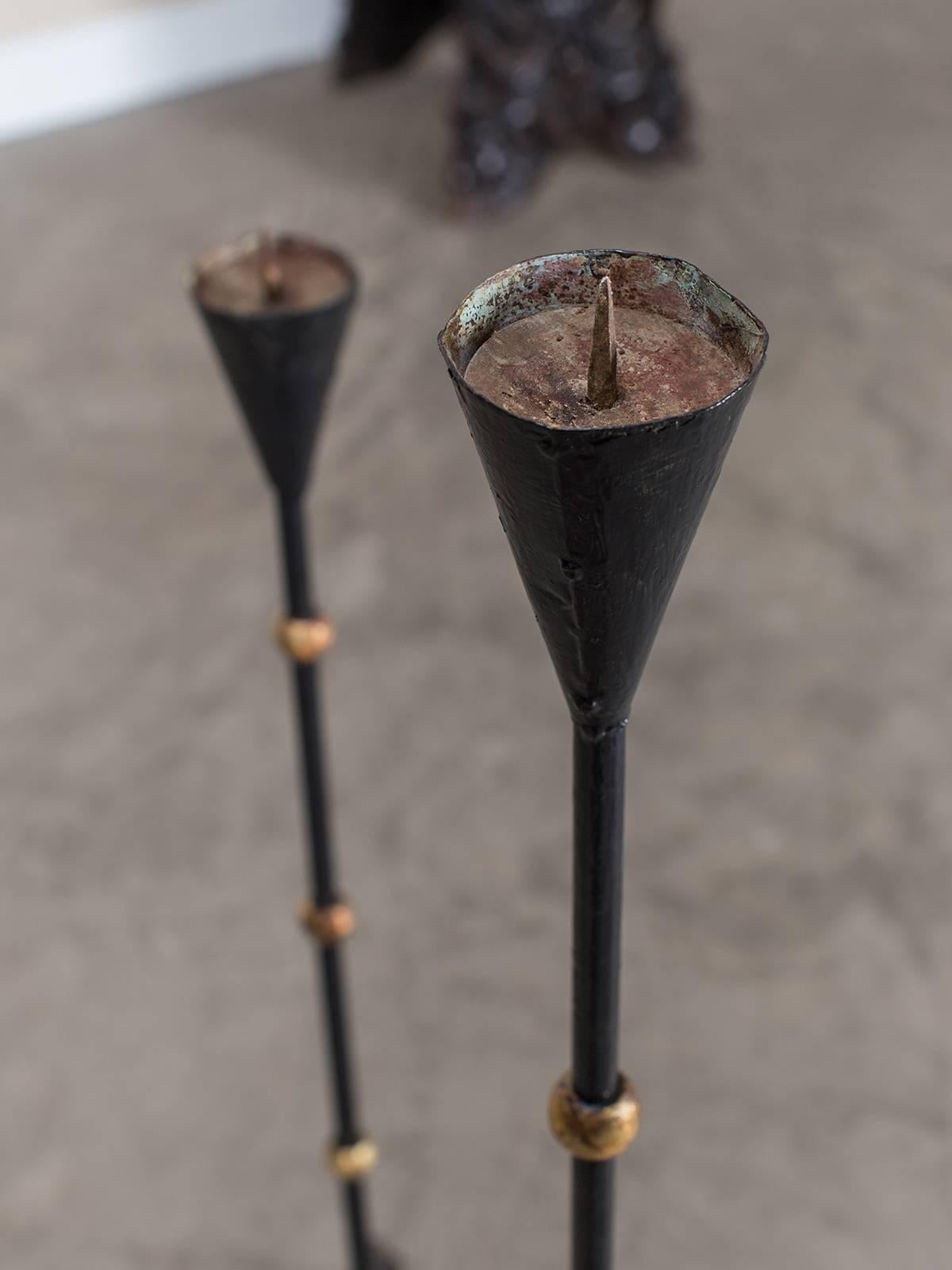 Two Vintage French Forged Iron Candle Stands circa 1940 In Excellent Condition In Houston, TX