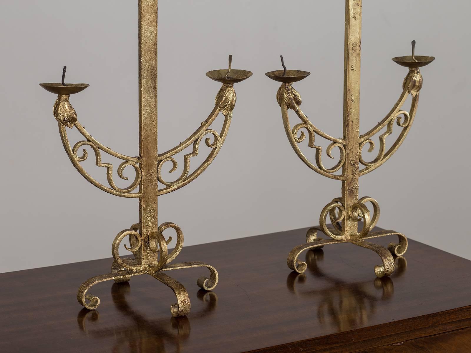 Pair of Vintage French Art Deco Period Gilded Iron Candlesticks, circa 1930 In Excellent Condition For Sale In Houston, TX