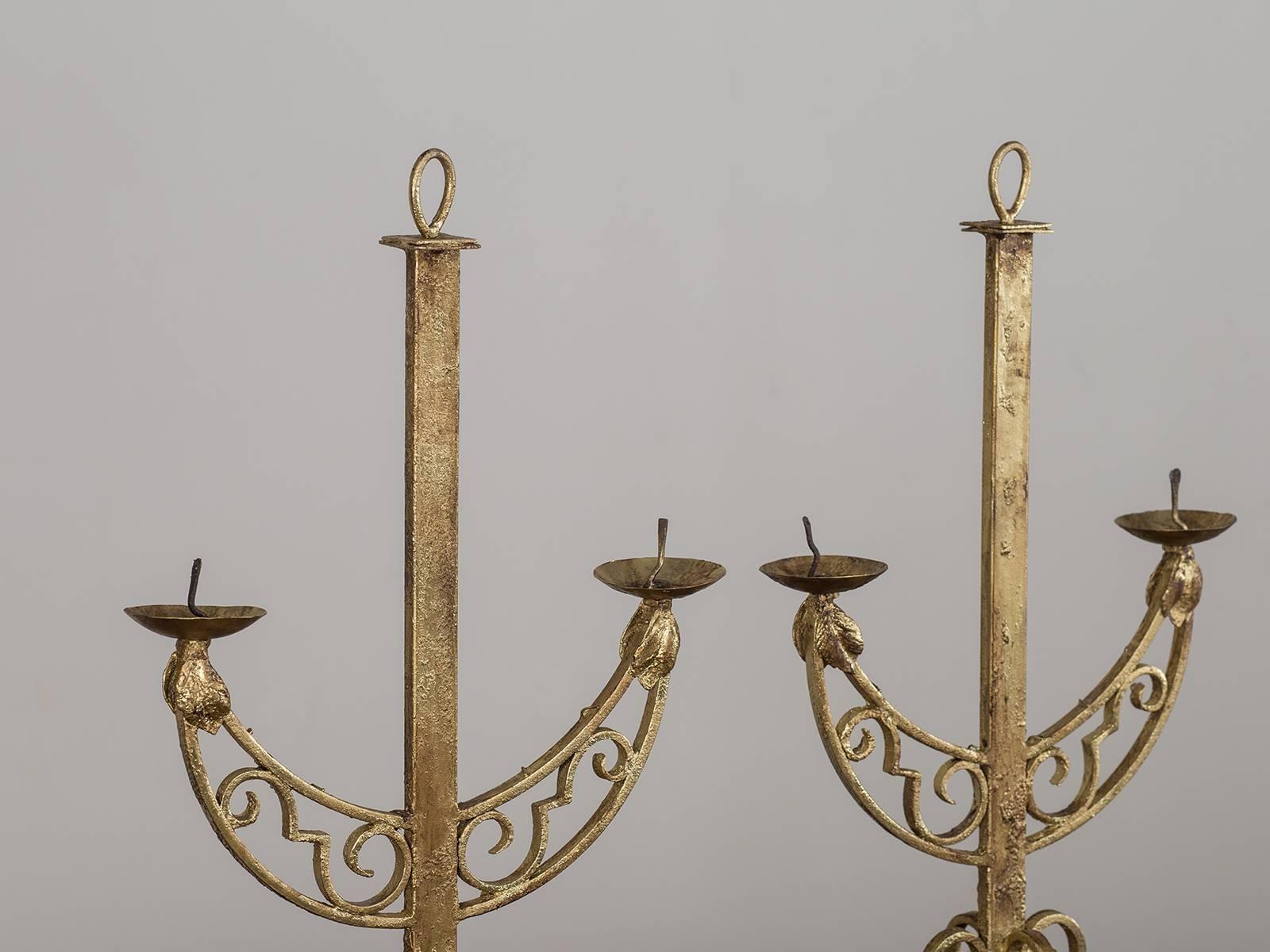 Gilt Pair of Vintage French Art Deco Period Gilded Iron Candlesticks, circa 1930 For Sale