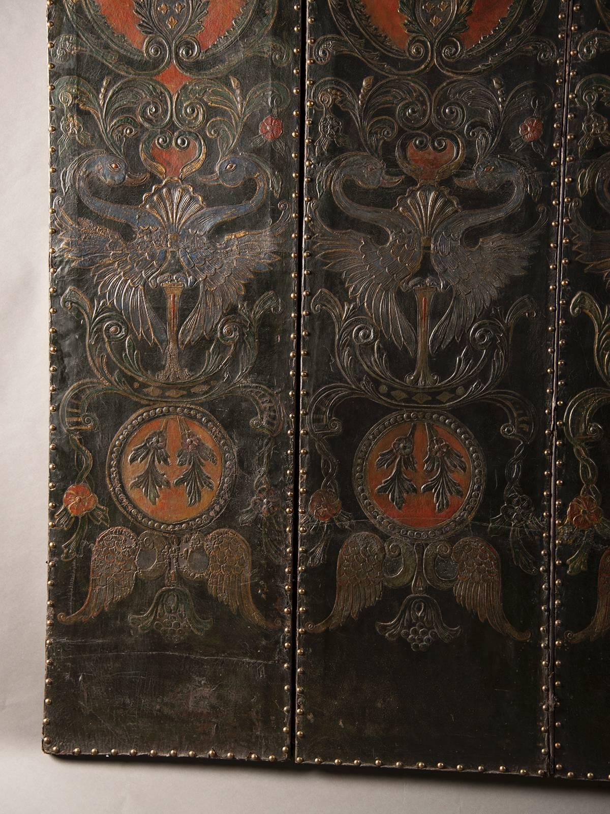 Antique French Four Panel Embossed, Painted, Gold Leaf Leather Screen c. 1840 In Excellent Condition For Sale In Houston, TX