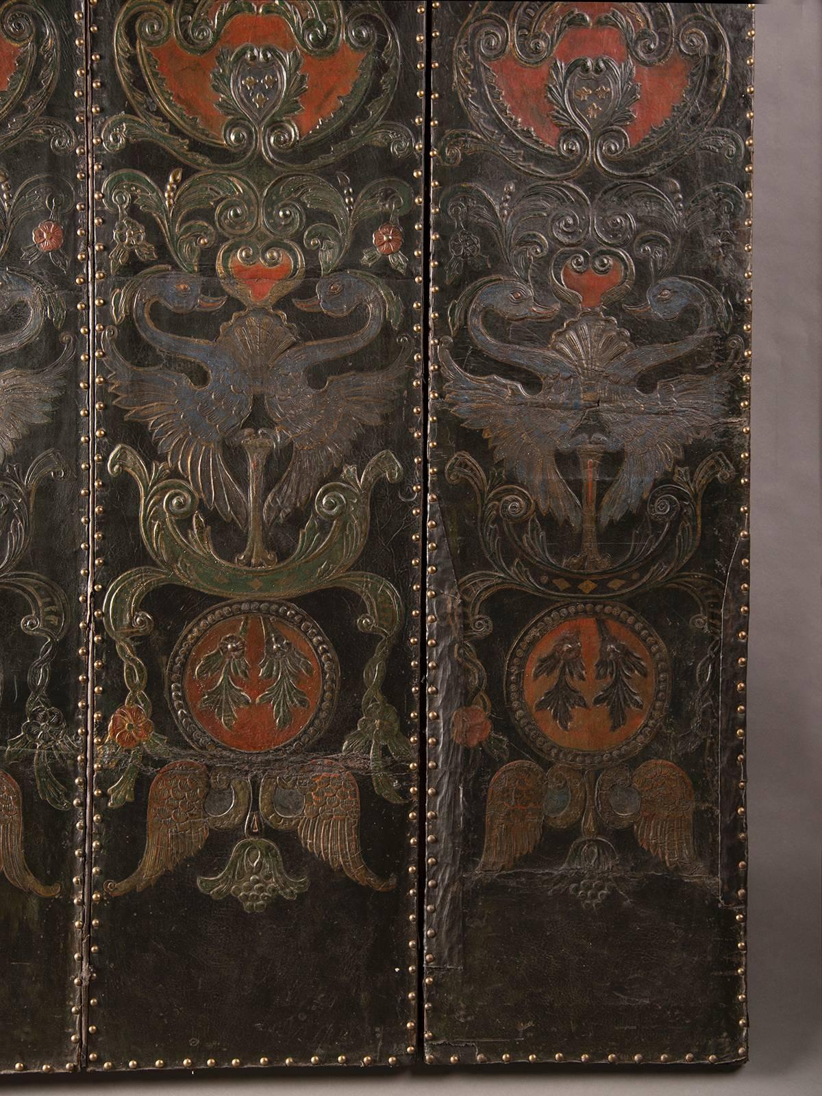 Mid-19th Century Antique French Four Panel Embossed, Painted, Gold Leaf Leather Screen c. 1840 For Sale