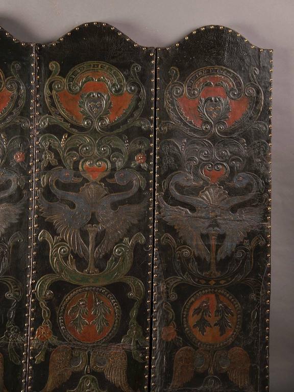Antique French Four Panel Embossed, Painted, Gold Leaf Leather Screen c. 1840 For Sale at 1stdibs
