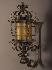 Vintage French Forged Iron Wall Lantern, Glass Shade, circa 1940