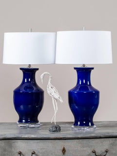 Pair of Vintage Cobalt Blue Chinese Vases, circa 1940 Mounted as Custom Lamps