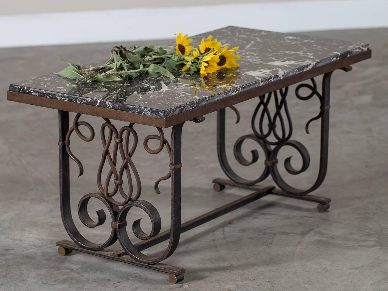 Early 20th Century Vintage French Art Nouveau Iron and Marble Coffee Table, circa 1920