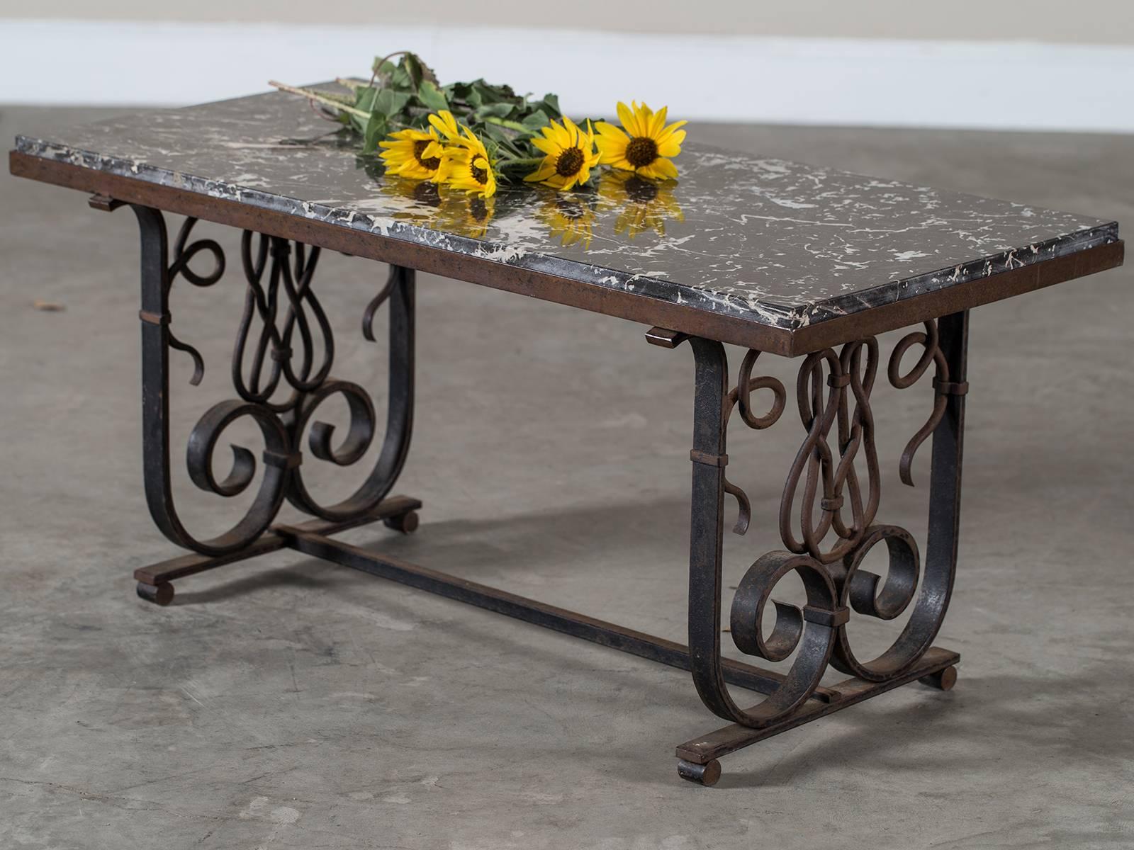 Vintage French Art Nouveau Iron and Marble Coffee Table, circa 1920 3