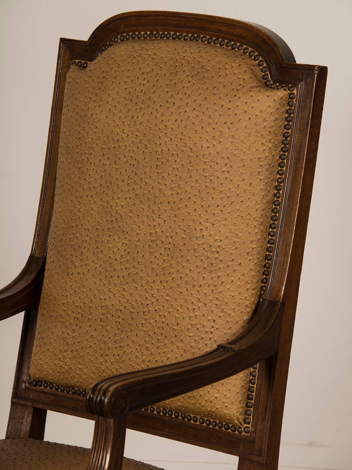 Receive our new selections direct from 1stdibs by email each week. Please click follow dealer below and see them first!

Large antique French Louis XVI style walnut fauteuil, circa 1860 upholstered in a faux ostrich. Please notice the elegant