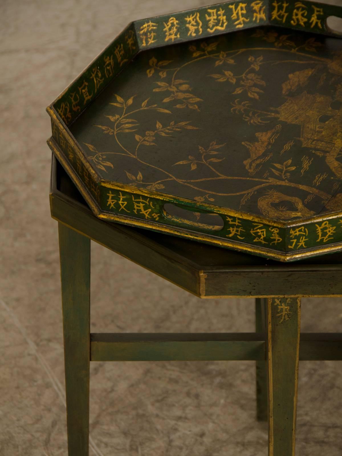 Carved Antique English Chinoiserie Painted, Gilded Octagonal Tray Coffee Table