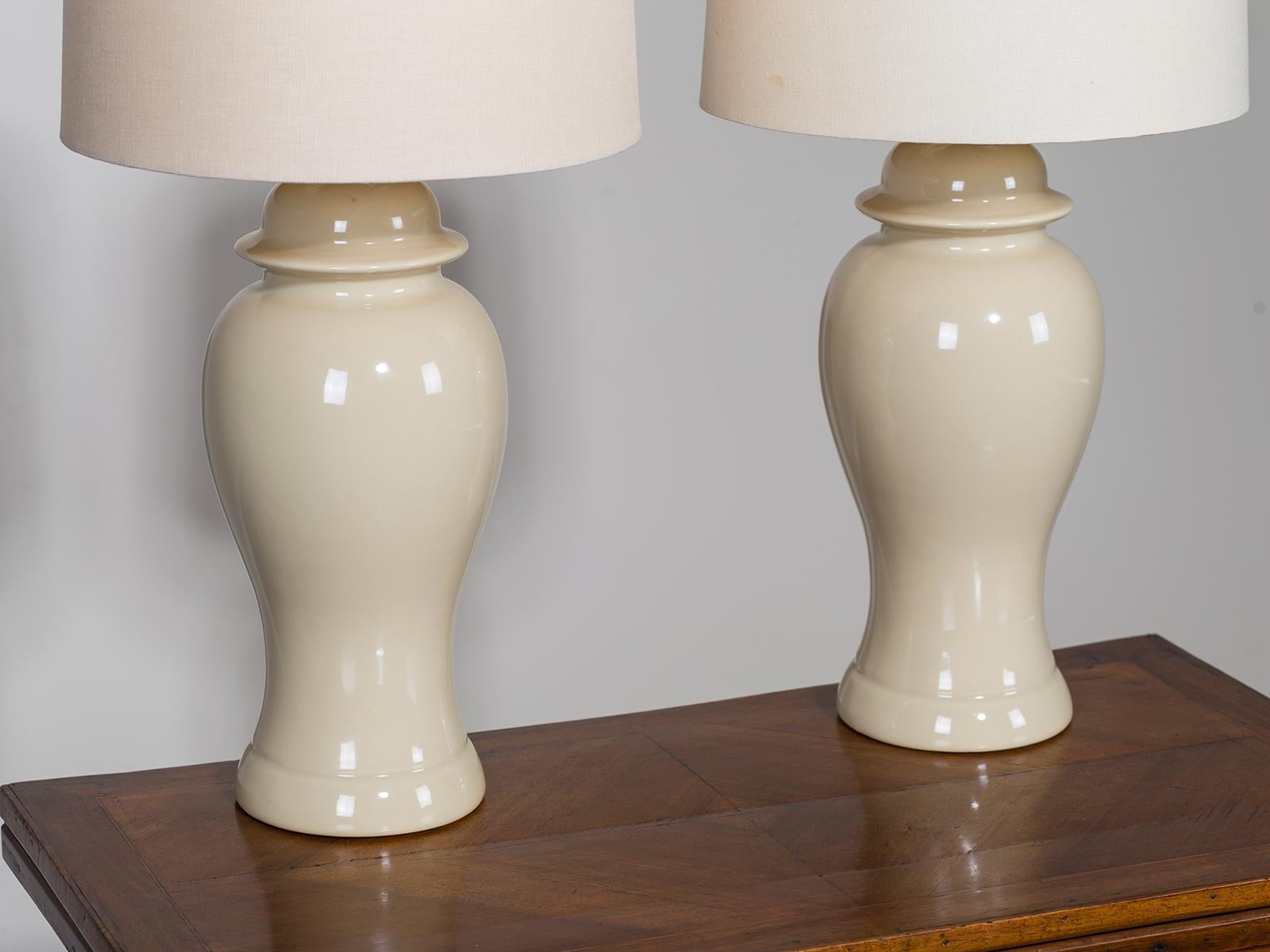 Pair of Taupe Chinese Ceramic Temple Jars Mounted as Lamps, circa 1995 In Excellent Condition For Sale In Houston, TX