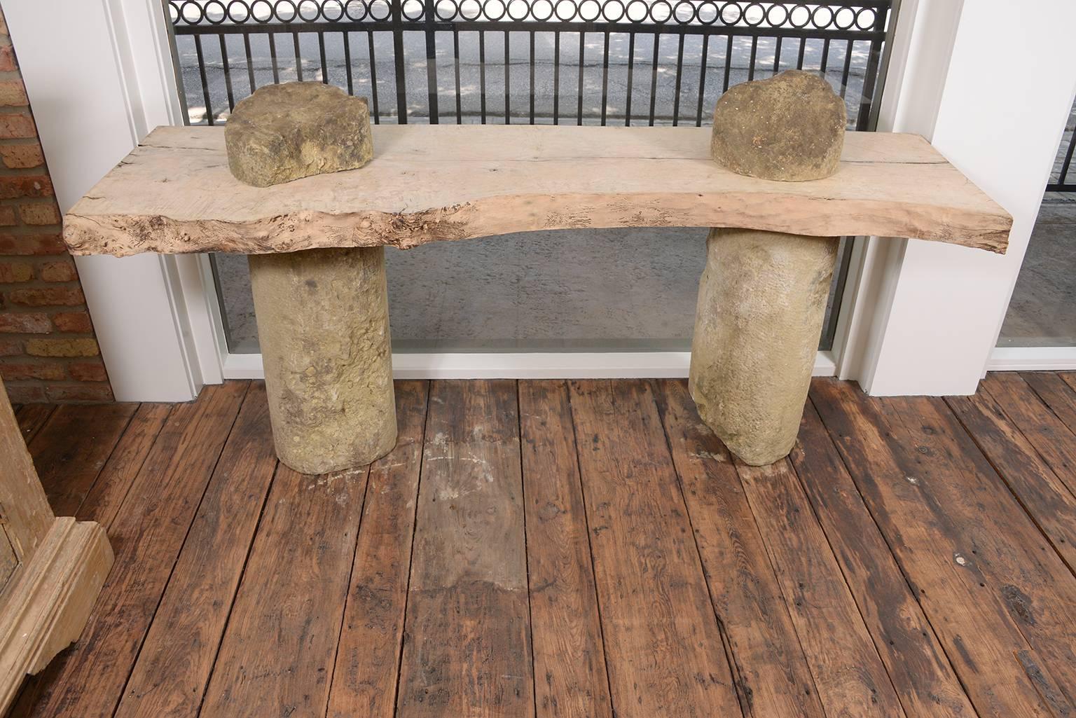 Very interesting stone and wood Italian console from the 19th century. The live edge wood is a beautiful bleached color. The stone is from Venice and was part of the canals. The top stones can stay in place or be removed.