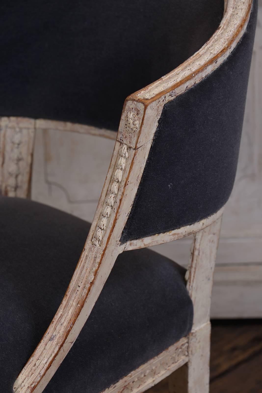 Very sophisticated single Swedish Barrel back chair from the Gustavian period, upholstered in Maharam mohair.
