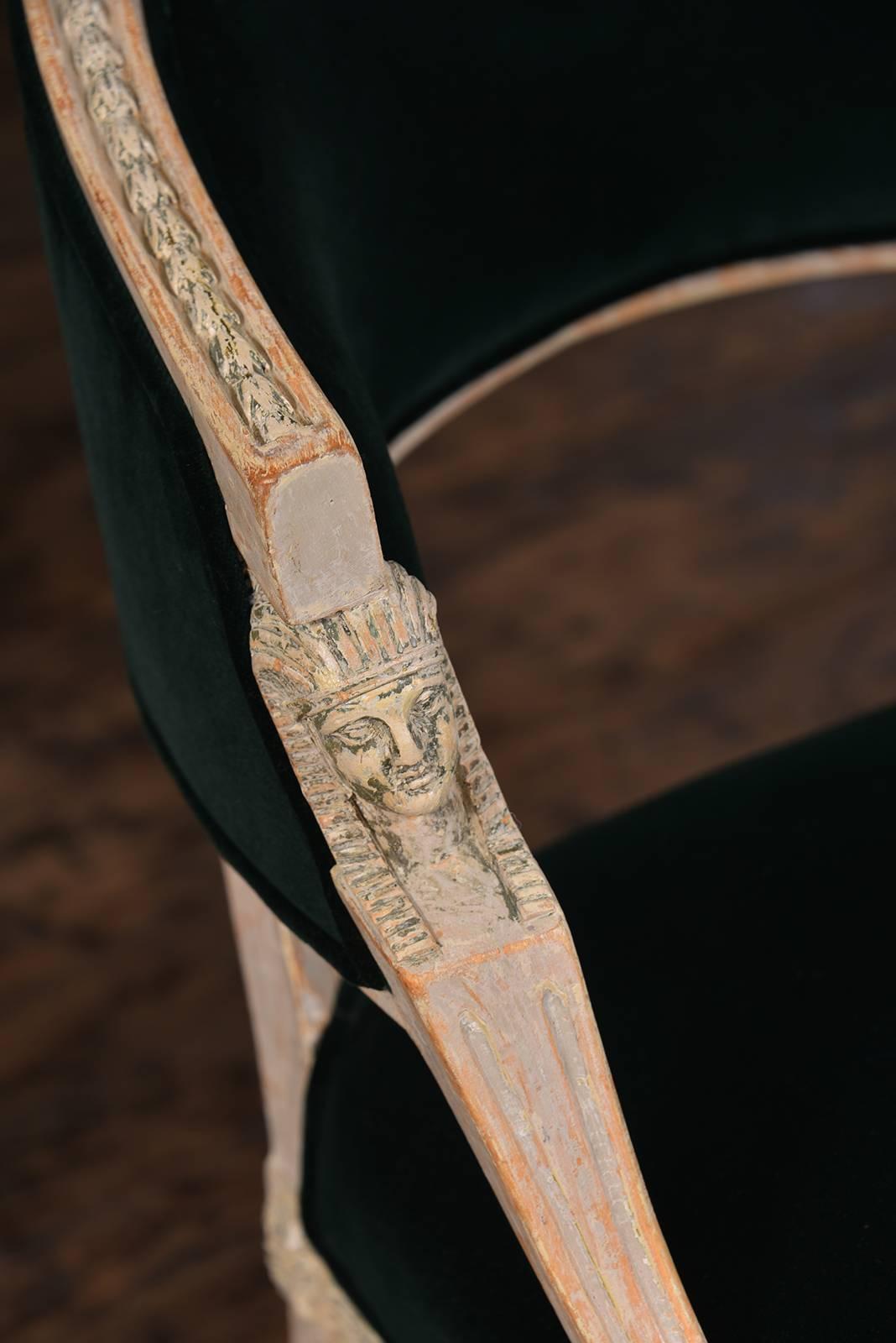 Stunning pair of Swedish barrel backs, Gustavian period, circa 1800. Recently upholstered in Holland & Sherry Dark Green Velvet.
Dry scraped finish with head details. Very elegant pair of chairs a generous size.