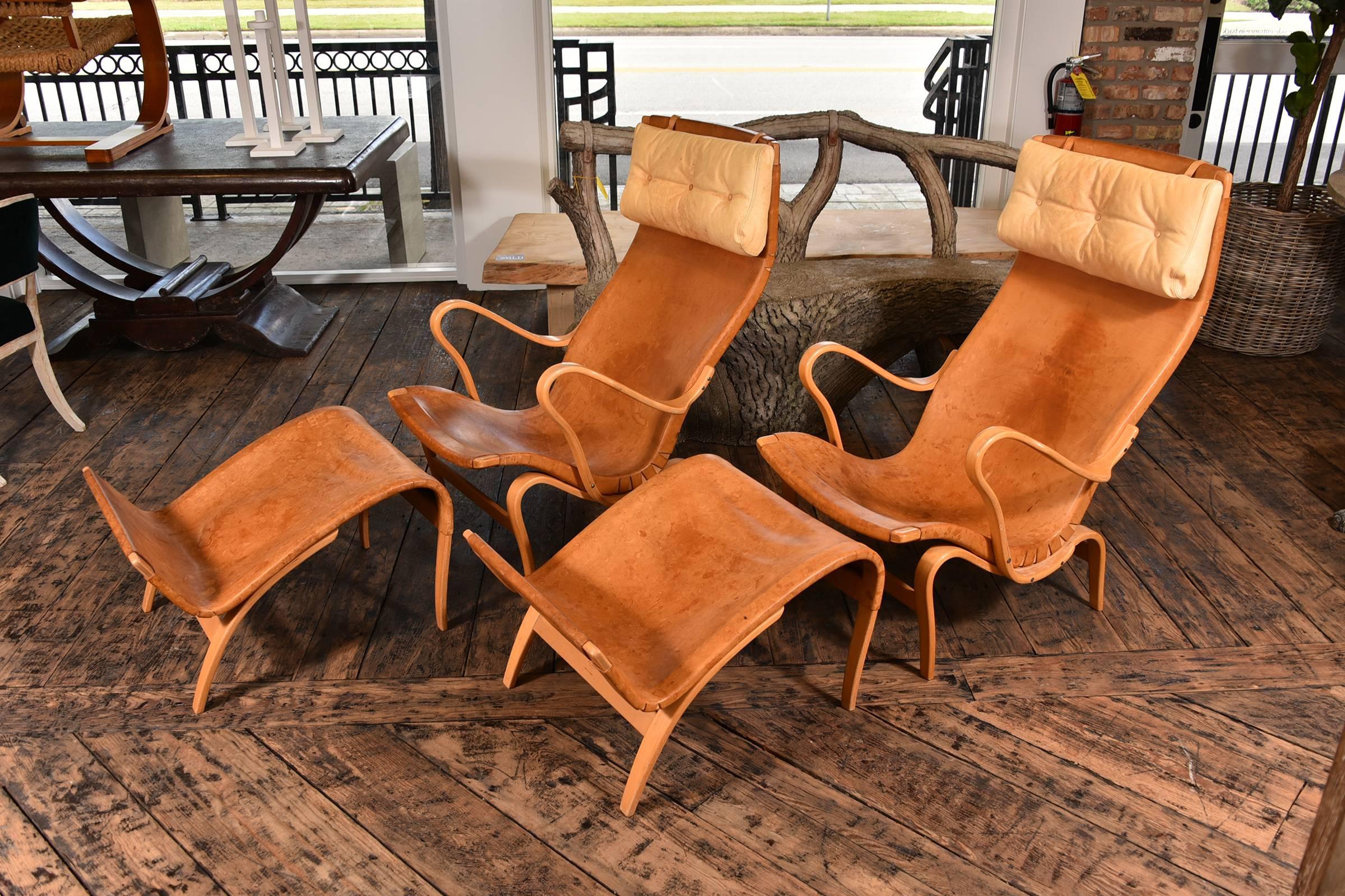 Swedish Pair of Bruno Mathsson Pernilla Chairs with Ottomans