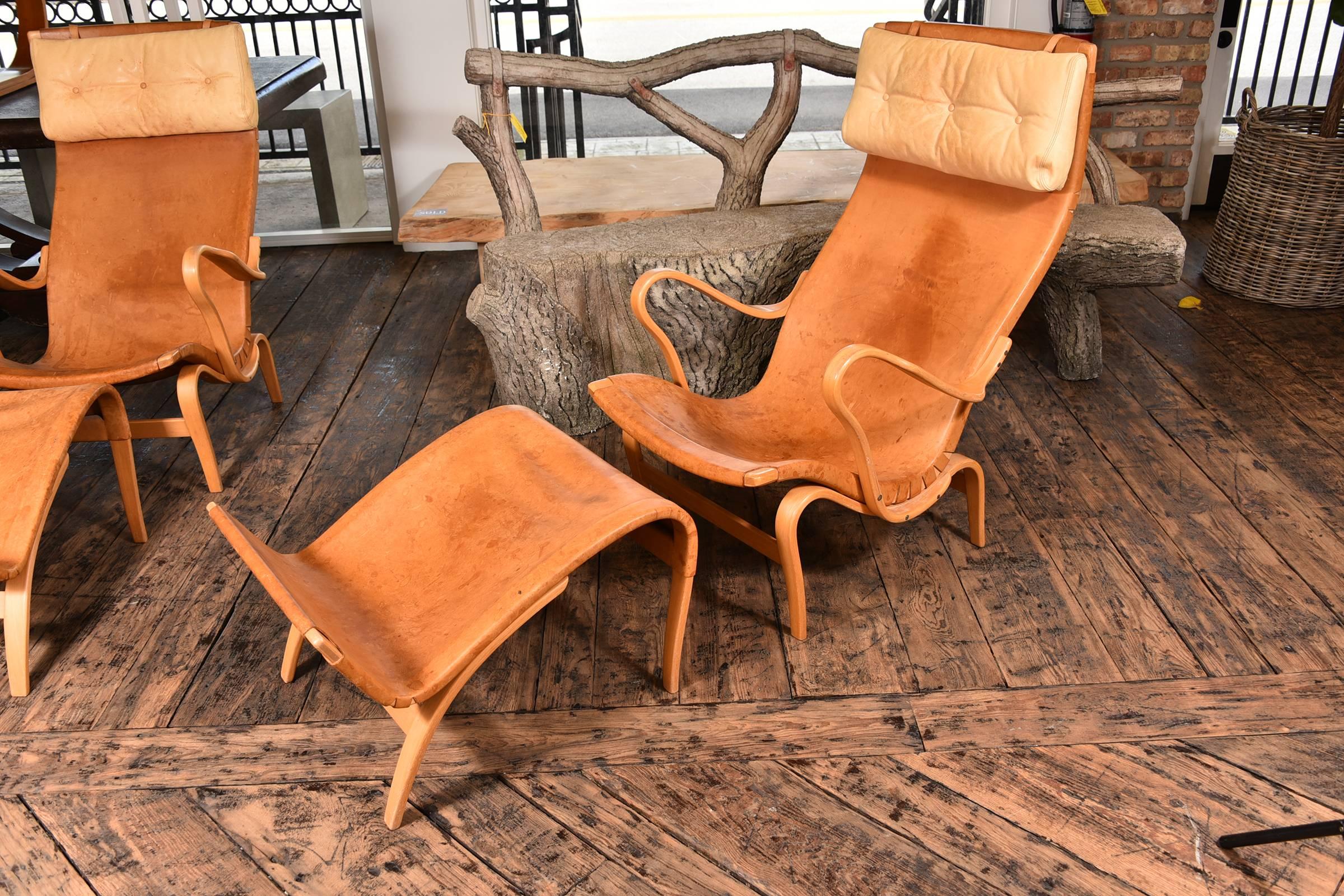 Late 20th Century Pair of Bruno Mathsson Pernilla Chairs with Ottomans