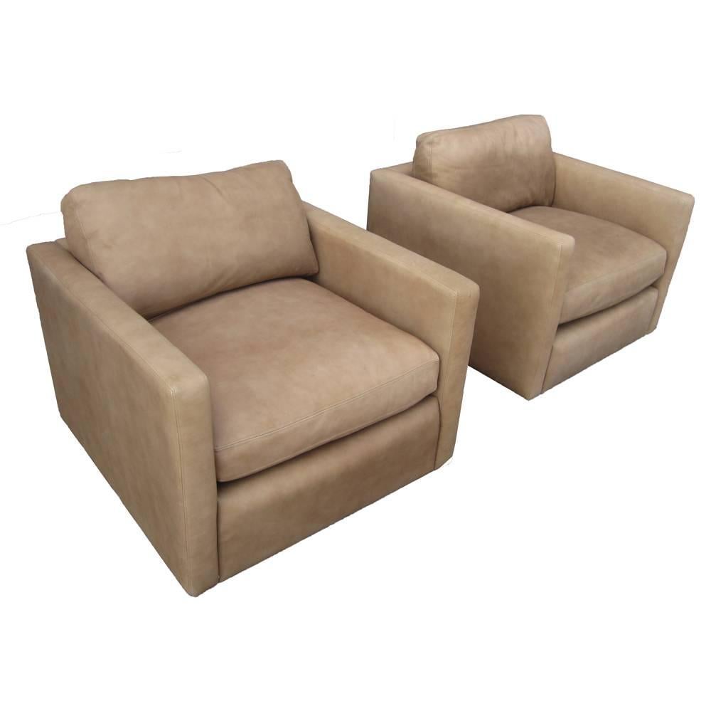   Pair of Pfister Style Lounge Chairs in Suede with Down Cushions  