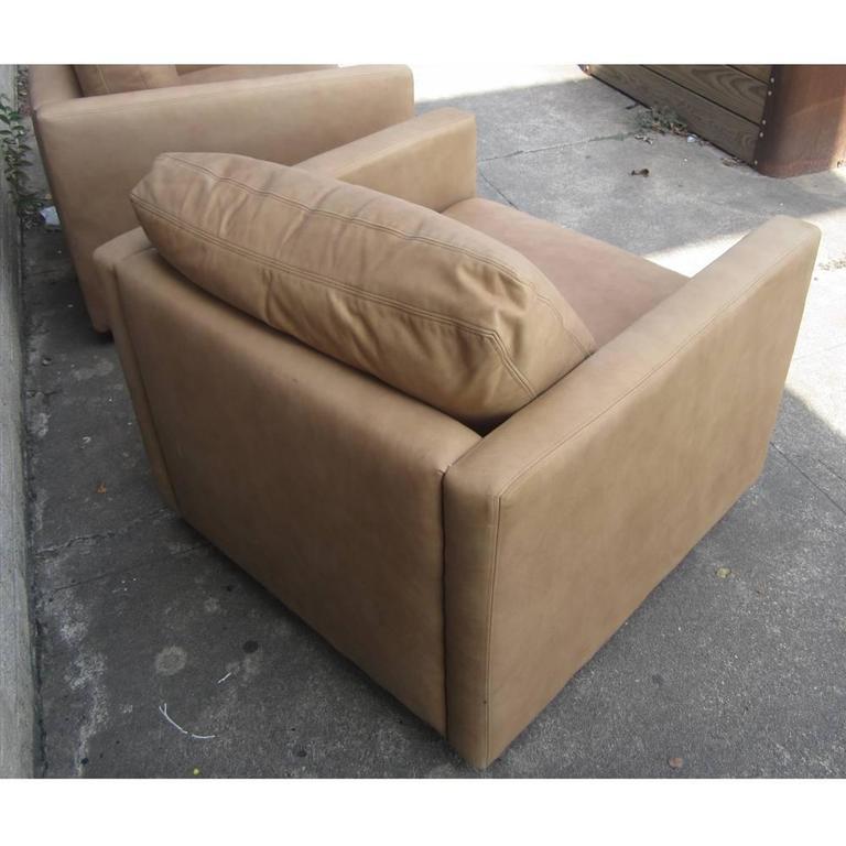 North American   Pair of Pfister Lounge Chairs in Suede with Down Cushions   For Sale