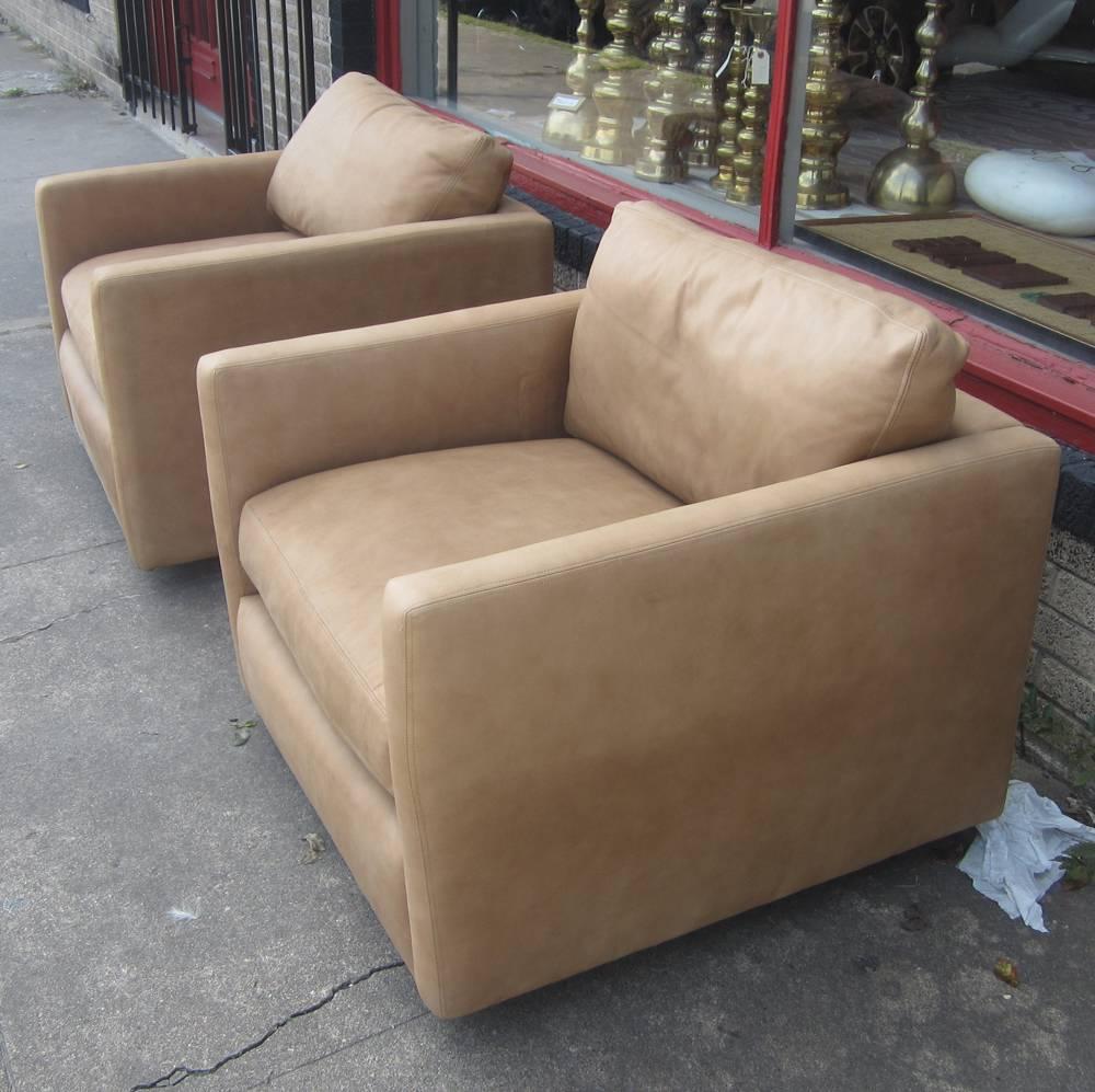 Mid-Century Modern   Pair of Pfister Style Lounge Chairs in Suede with Down Cushions   For Sale