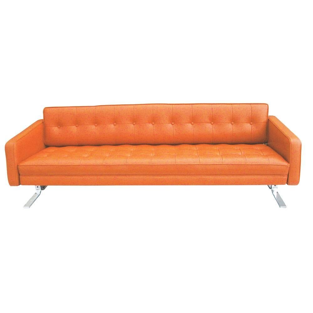 Mid-Century Mueller Sofa by Jack Cross
Stunning with chrome and orange leather, measures 7 feet.

Newly upholstered.