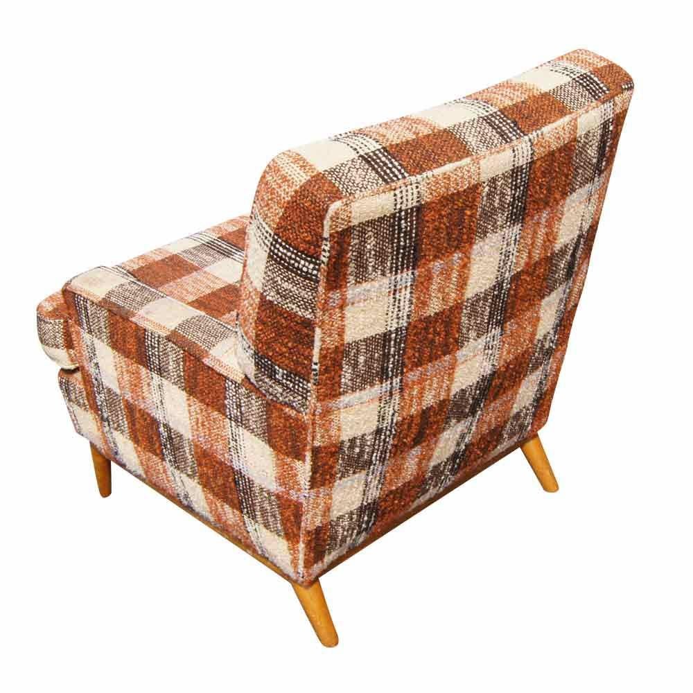 Vintage T.H. Robsjohn-Gibbings for Widdicomb lounge armchair 
Wood splayed legs 
Plaid  upholstery
 