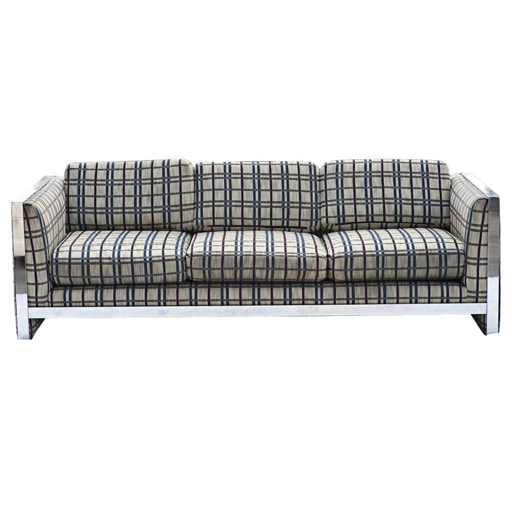 Vintage Mid-Century Milo Baughman style couch. Wrapped chrome frame.
Original fabric.



