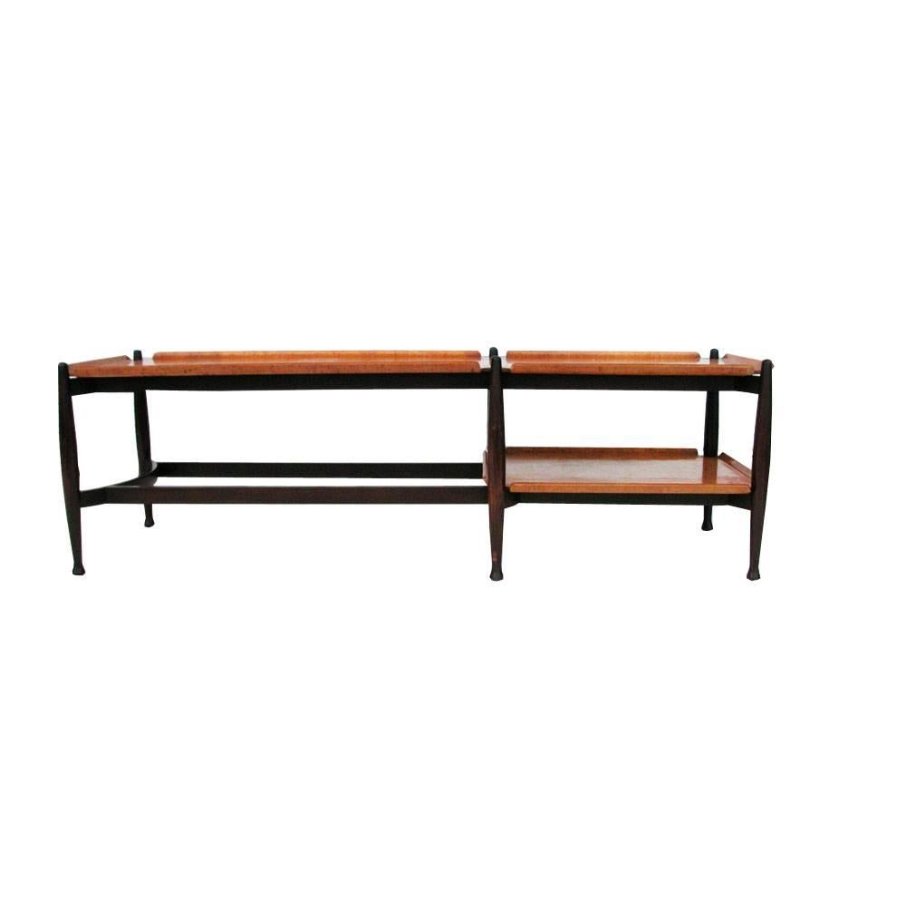 Rare Wormley coffee table of bentwood burl with ebonized tapered legs. 
Two-tier tray style.  
