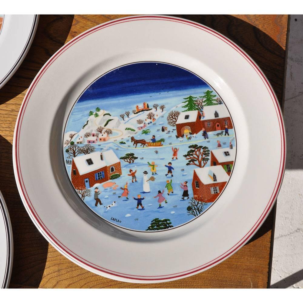 Naif Christmas
by Villeroy & Boch.
 
 
 
Village snow scenes. 

Seven dinner plates.
Two salad plates.
Three coffee mugs.

10.5 dinner.
8.25 salad.
3: H coffee mug.