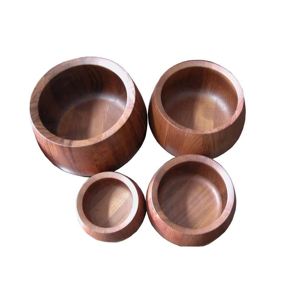 Set of vintage Jens Qistgaard for Dansk teak four salad bowls. 

Set of vintage staved teak four salad bowls and in various sizes designed by Jens Quistgaard for Dansk. This beautiful set is as sculptural as it is practical and could be an amazing