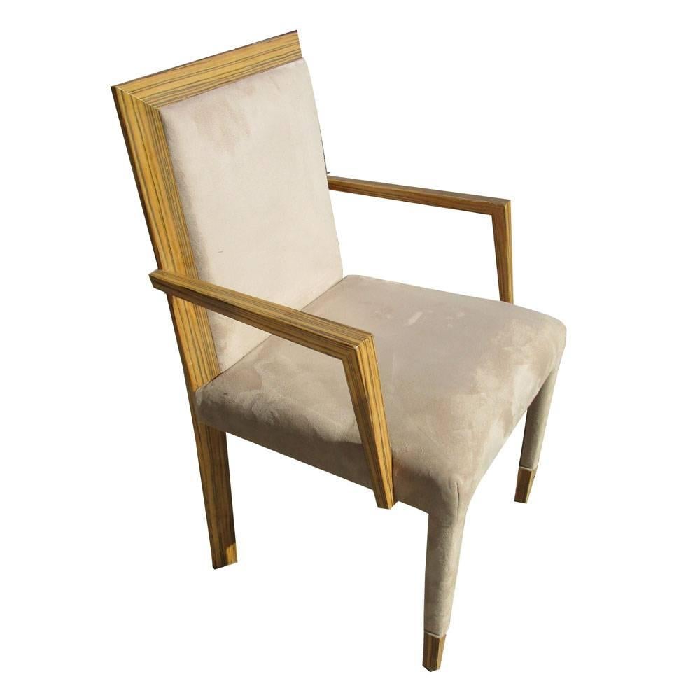 Contemporary Eight Zebrawood Dining Chairs in Suede