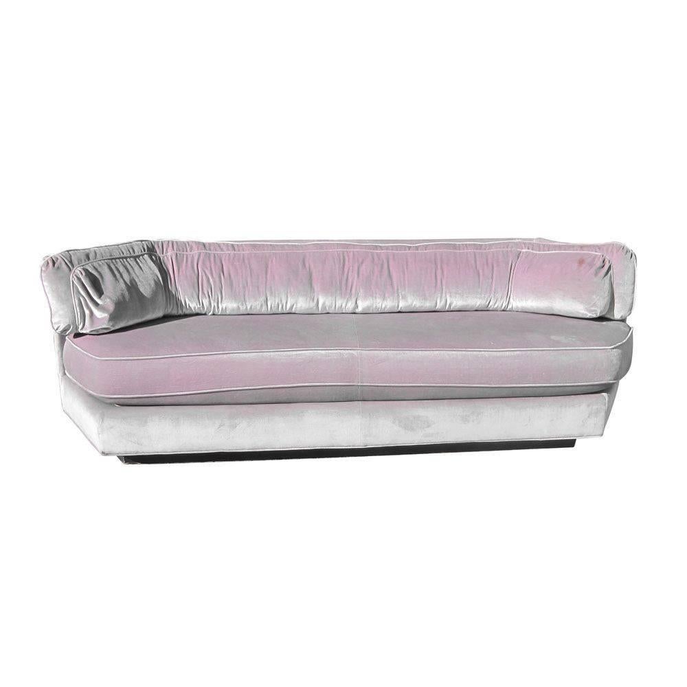 Velvet hexagonal sofa by Bernhardt. This sofa is upholstered in light lavender/pink shimmering velvet, by Bernhardt for the Flair collection, circa 1980s. A stunning look and design for modern living spaces.
 
This sofa and matching chairs