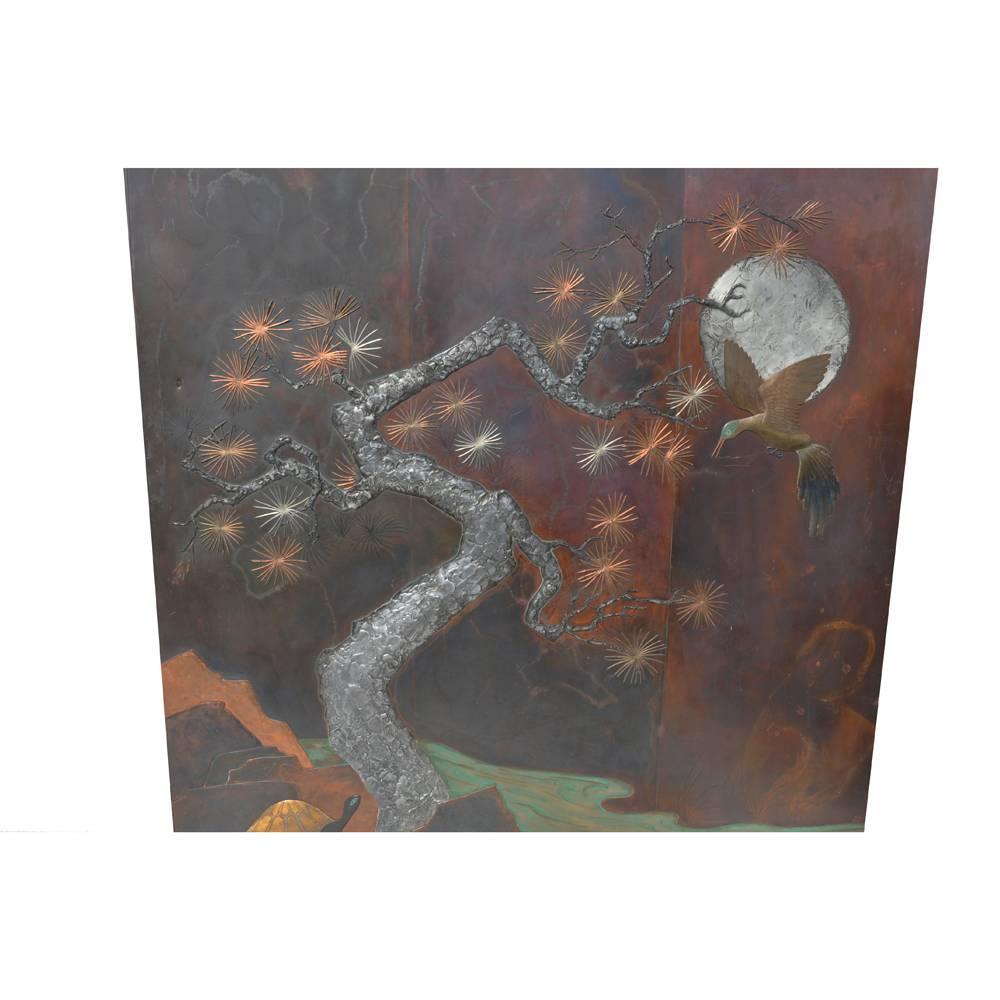 Vintage 6 x 6 Asian metal wall art piece 


Stunning piece created from bronze display a vivid moon lit scene of trees, rocks and animals.
Starburst appliques of copper colors, anchored by a large silver tree 
and verdigris accents.
 


Measures: