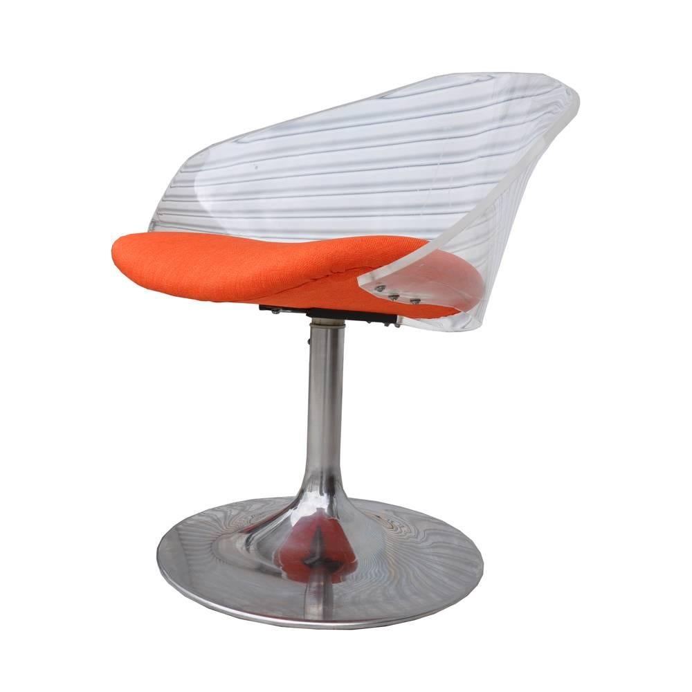 Mid-Century Modern Lucite side chair with bright red cushion 

sloping seat with chrome base with swivel.

 