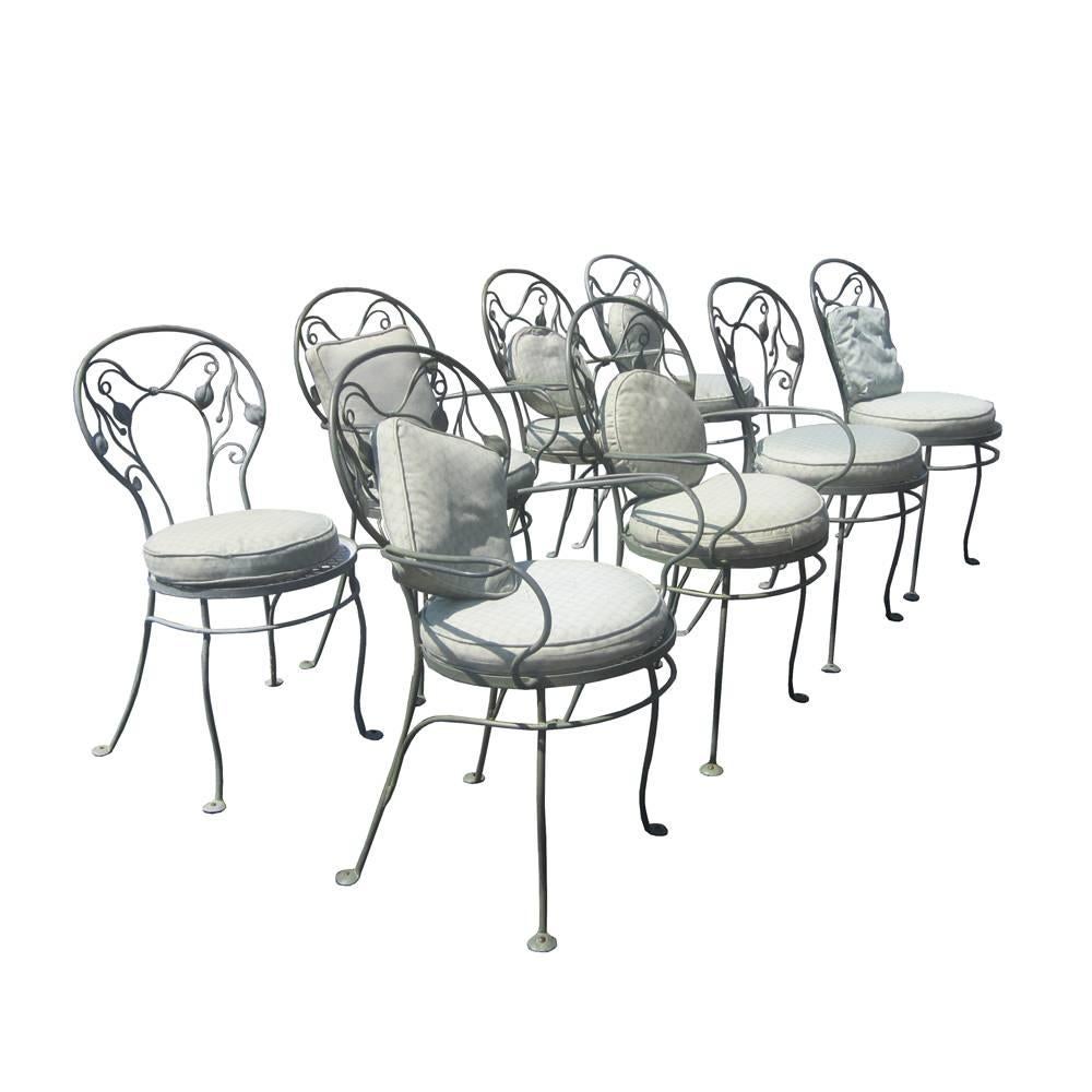 Set of Eight Vintage Wrought Iron Outdoor Chairs by Salterini