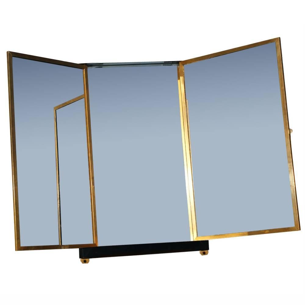 Rare French Brevete LB Wood Brass Trifold Wall Vanity Mirror