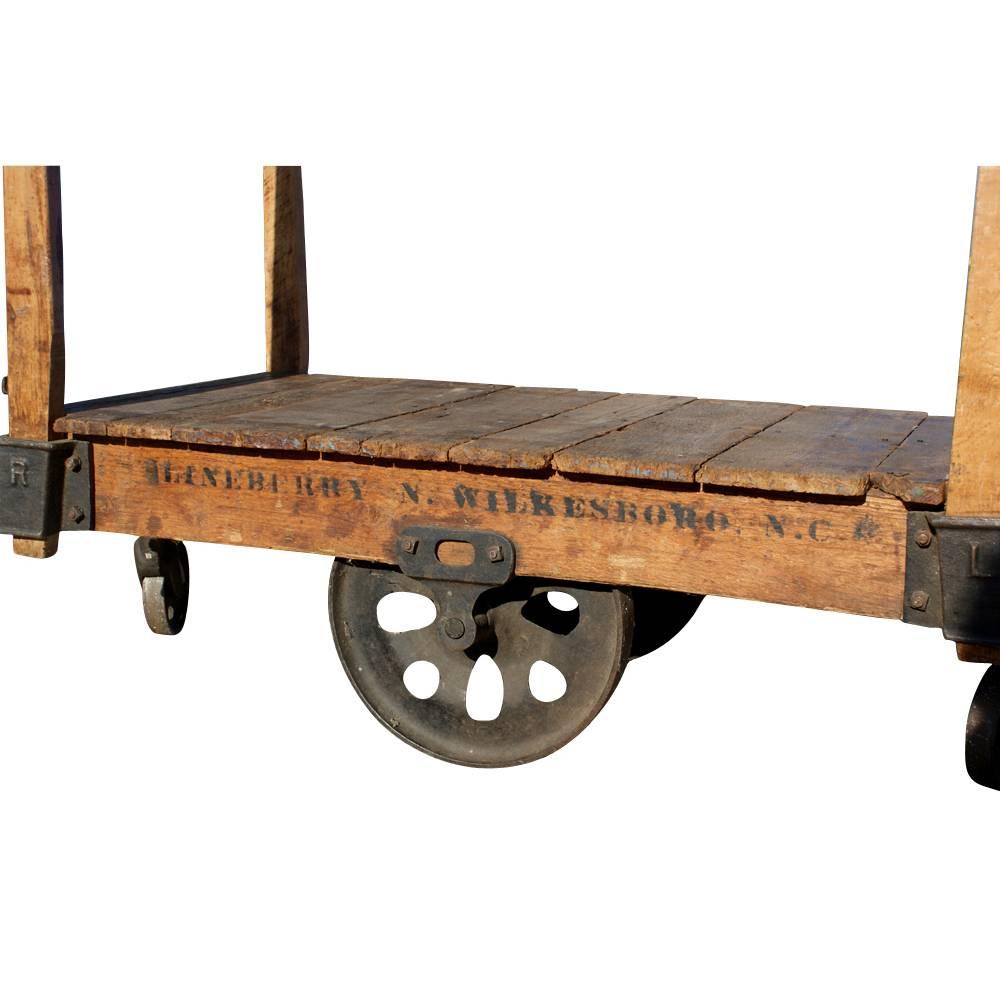 European One Antique Wood Iron Industrial Rolling Cart For Sale