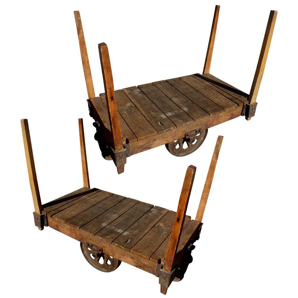 19th Century One Antique Wood Iron Industrial Rolling Cart For Sale