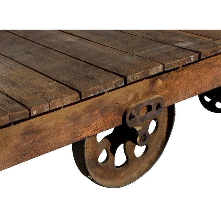 One Antique Wood Iron Industrial Rolling Cart For Sale at 1stdibs