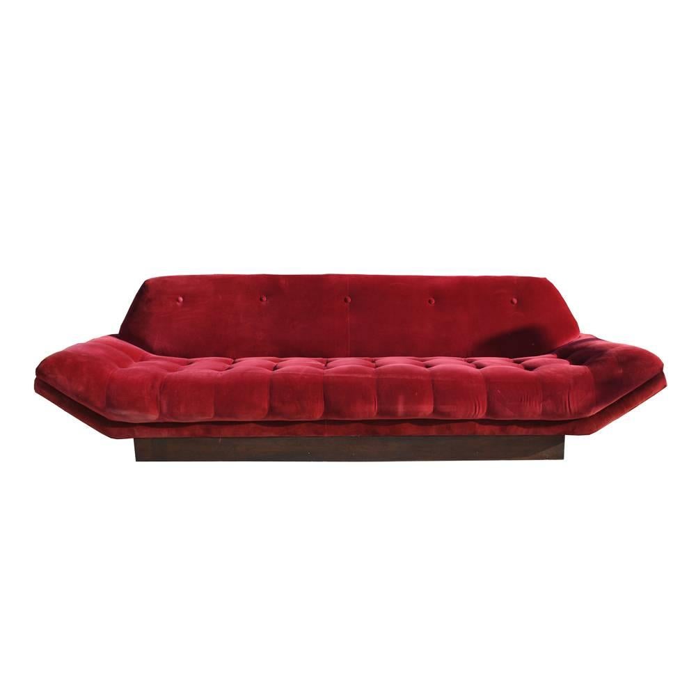 Vintage 8ft tufted gondola sofa in style of Andrian Pearsall

Tufted velour on a walnut base. 

Reupholstery recommended.

            