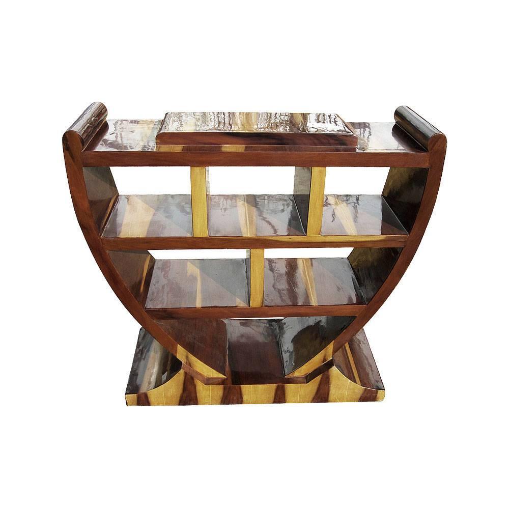 Art Deco style exotic wood shelf. This is a three tier shelf with mixed wood materials. Shelf is finished on both sides, suitable for use in centre of room.