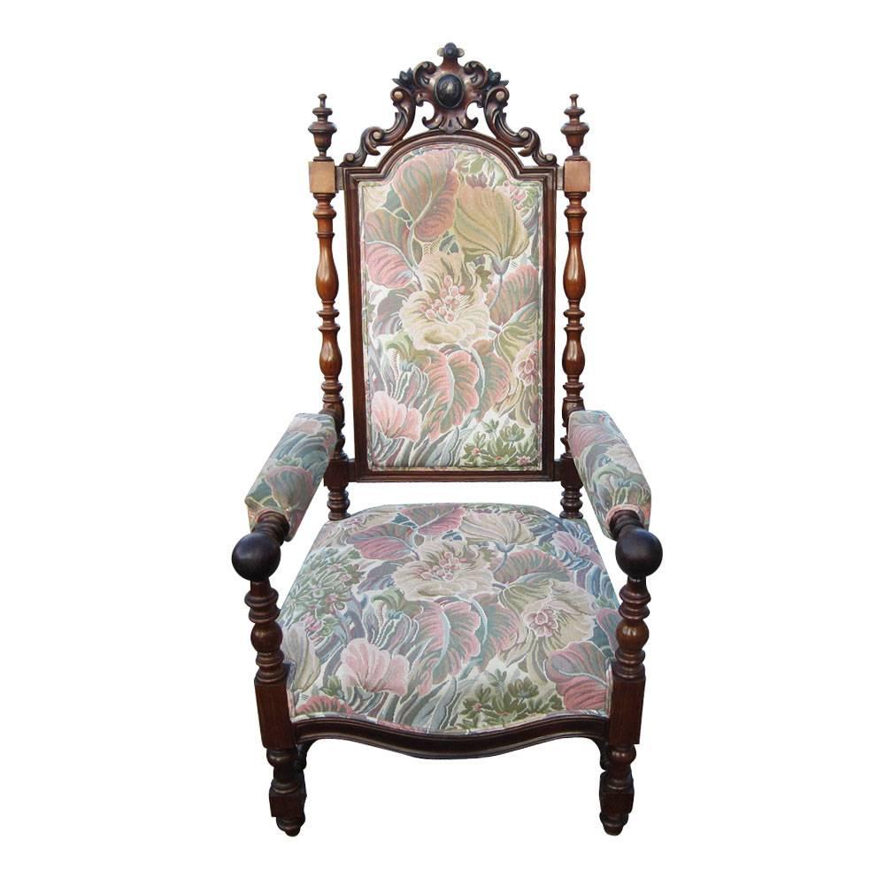 49” Vintage Victorian style chair. Vintage tapestry style fabric and intricately detailed woodwork.