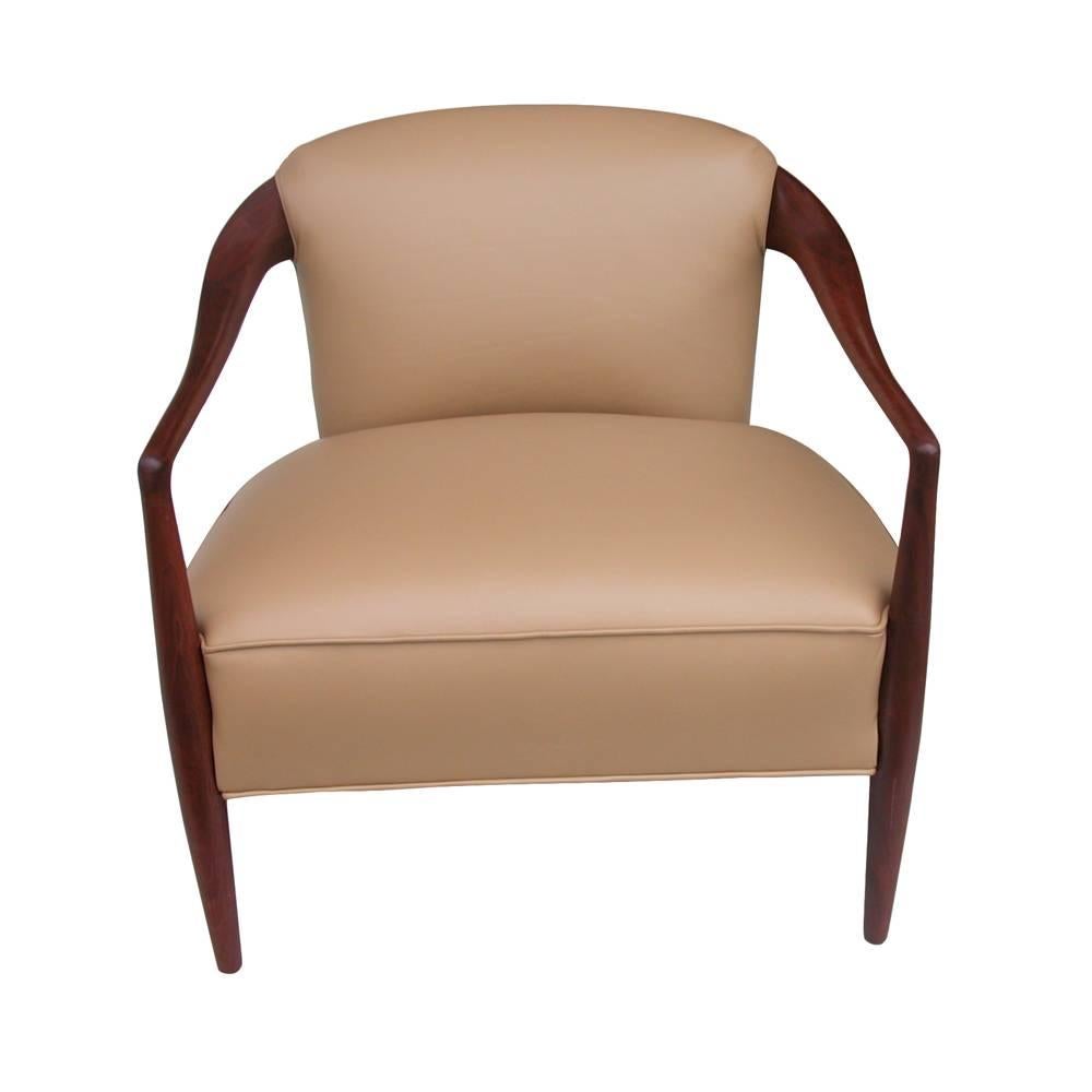 Vintage midcentury Ib Koford Larsen style lounge chair 
 
Beautifully restored Scandinavian style lounge chair in walnut with a rich tan leather upholstery.
Restored. Please see restored wingback chair in last photo also available

Seat Depth: