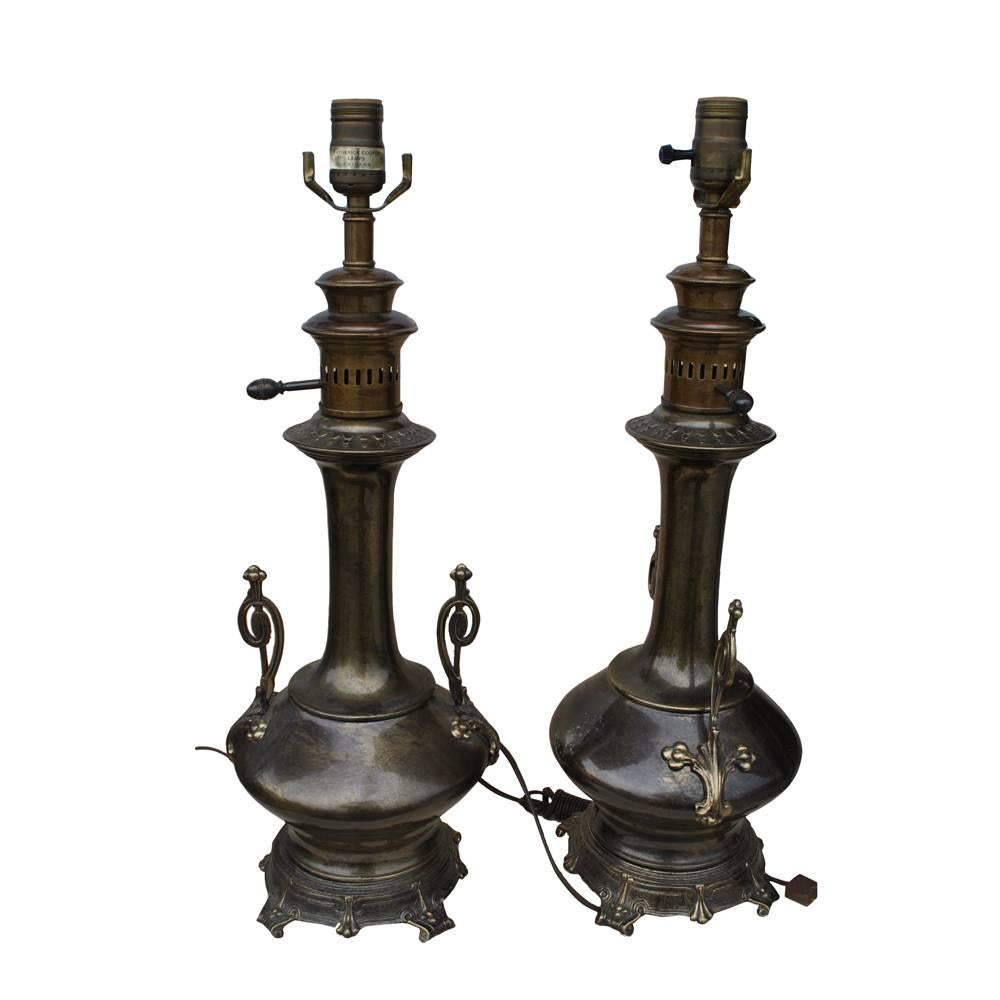 Vintage Pair of Aged Brass Lamps by Frederick Cooper For Sale