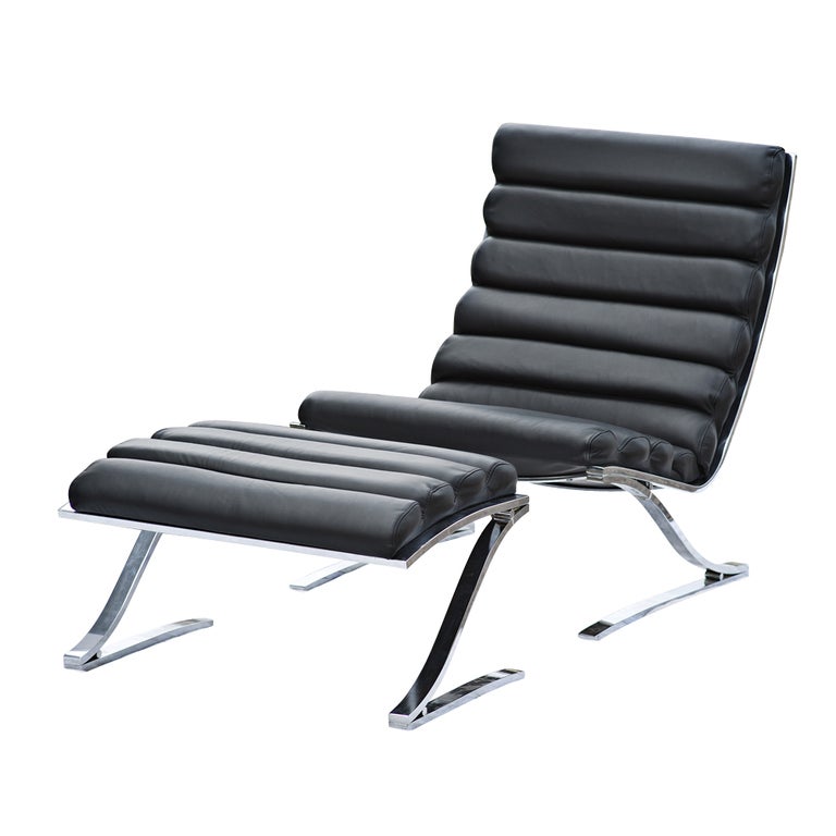 A Mid-Century Modern lounge chair and ottoman from the Design Institute of America. Cantilevered chrome flat bar frame with new black leather upholstery. The ottoman measures 27