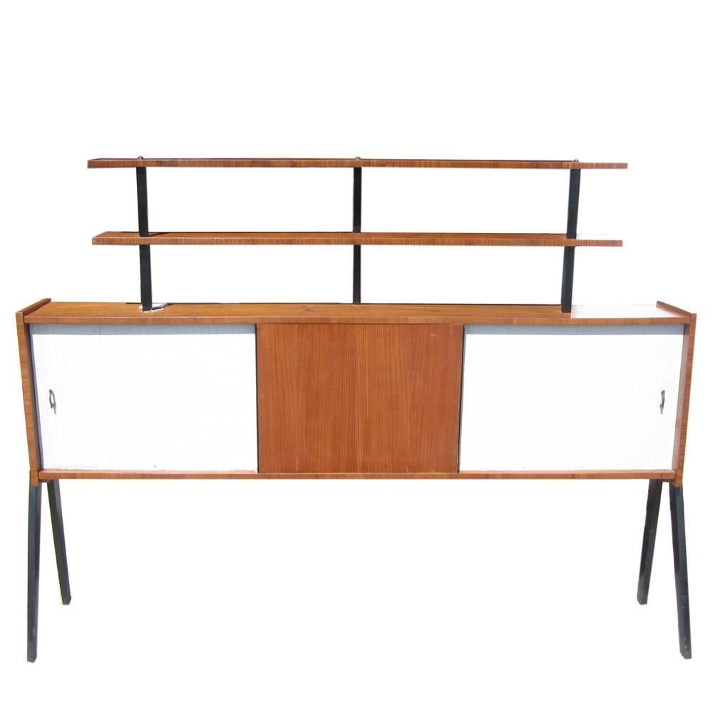 Vintage unique mid century Buffet Wall Unit 

2 sliding doors in white composition laminate 
Splayed tapered ebonized legs with top open shelving 
A unique stylishly compact piece
