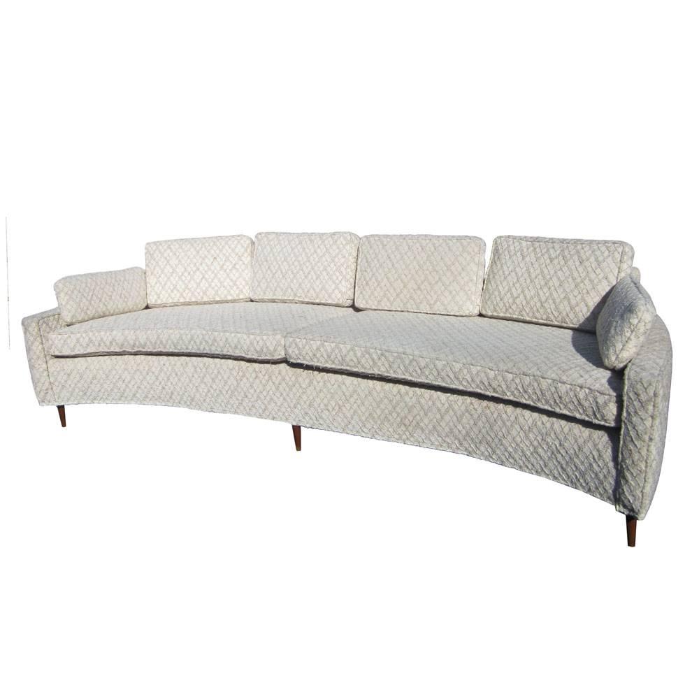 Vintage mid century Harvey Probber style curved sofa 
Wooden stick legs in off-white upholstery 
Reupholstered recommended