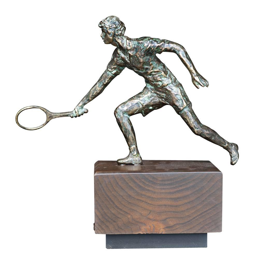 Vintage Curtis Jere bronze tennis player sculpture.
Handmade sculpture made of bronze with a wooden plinth base.
Signed at bottom of base.
Piece with patina and finish that gets lovelier with age.