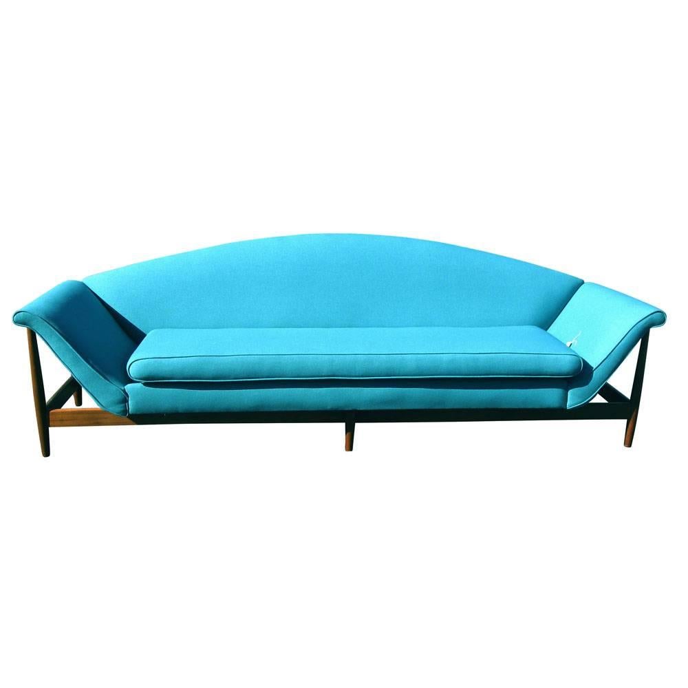 Vintage mid century Danish Gondola Sofa inspired by Finn Juhl  
Turquoise fabric teak frame 
Newly reupholstered 

34